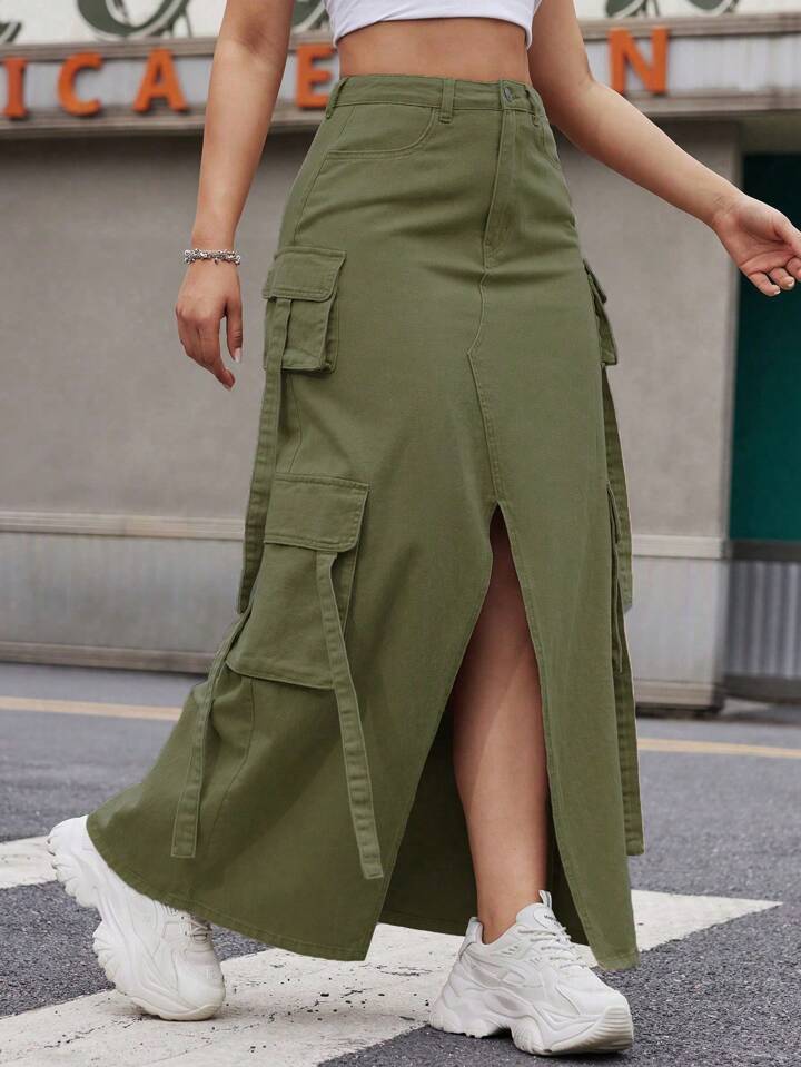 CM-BS051288 Women Casual Seoul Style Front Button Pocket Slit Denim A-Line Skirt - Army Green