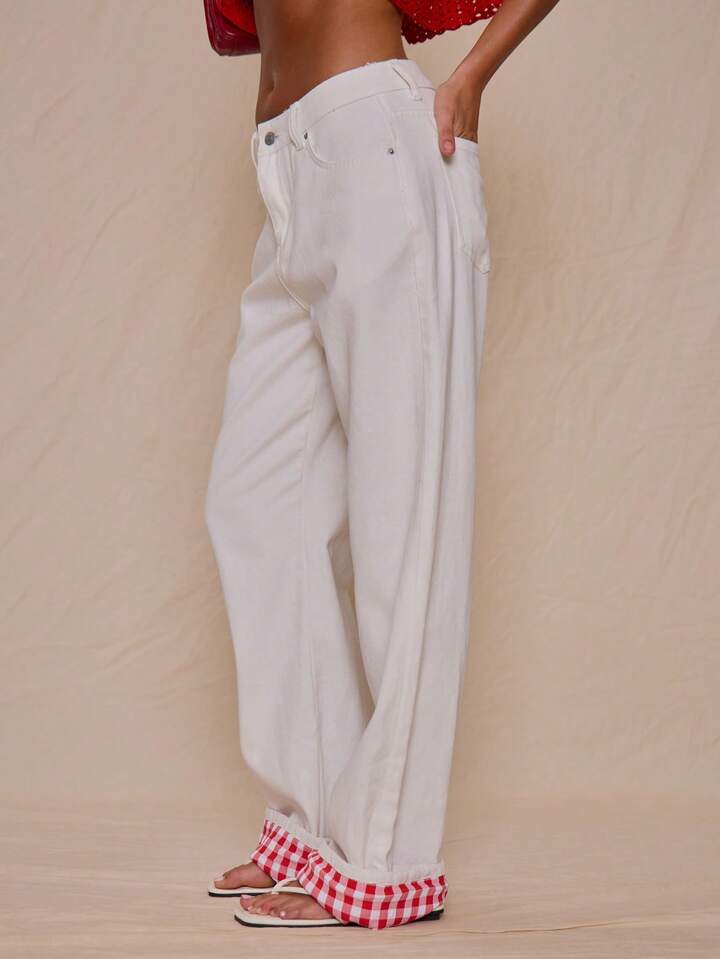 CM-BS465535 Women Casual Seoul Style Mid Rise Turn Up Hem Gingham Straight Leg Denim Jeans - White