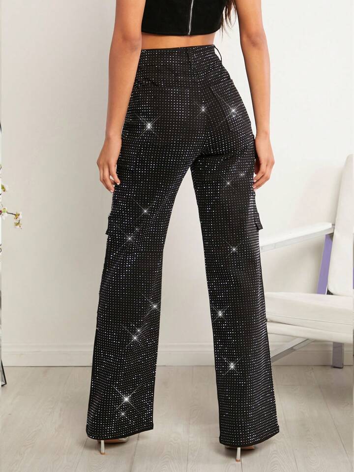 CM-BS557796 Women Elegant Seoul Style Rhinestone Flap Pocket Side Cargo Mid Ride Jeans - Black