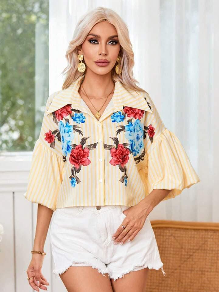 CM-TS705587 Women Casual Seoul Style Printed Striped Drop-Shoulder Bubble Sleeve Shirt