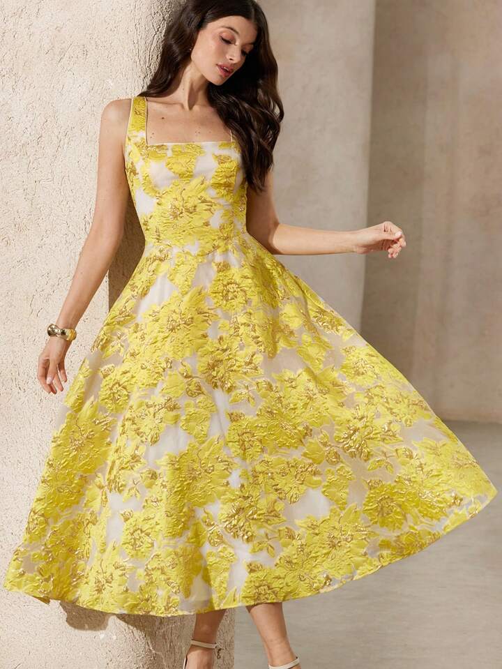 CM-DS045386 Women Elegant Seoul Style Embroidery Decor Sleeveless Fitted Waist Flare Silhouette Long Dress