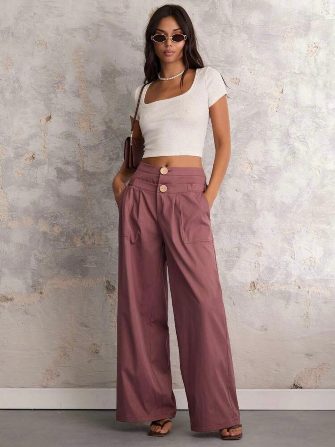 CM-BS712995 Women Casual Seoul Style Solid Color Double Waist Wide Leg Pants