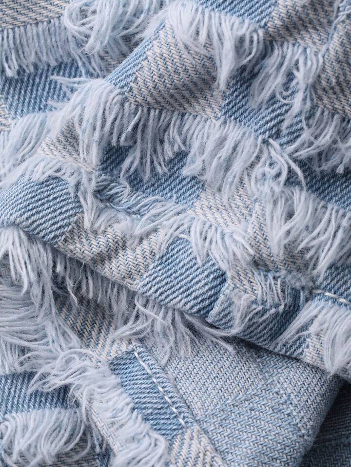 CM-BS354529 Women Casual Seoul Style Light Wash Textured Plaid Fringe Hem Straight Leg Loose Denim Shorts