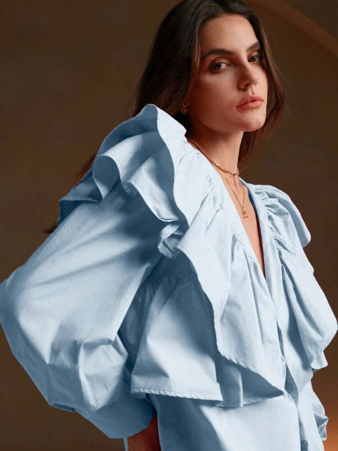 CM-TS179757 Women Elegant Seoul Style Exaggerated Ruffle V-Neck Long Sleeve Blouse - Blue