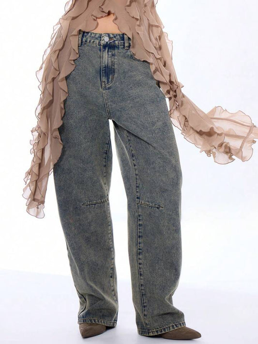 CM-BS260026 Women Casual Seoul Style Low Rise Drop Waist Washed Denim Trousers