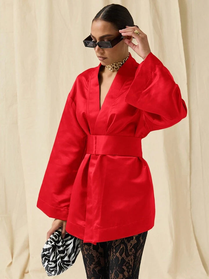 CM-DS752680 Women Elegant Seoul Style Solid Color Deep V-Neck Bell Sleeve Mini Dress - Red