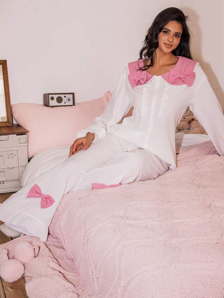 CM-LS596618 Women Trendy Seoul Style Peter Pan Collar Colorblock Bowknot Pajama Set - White