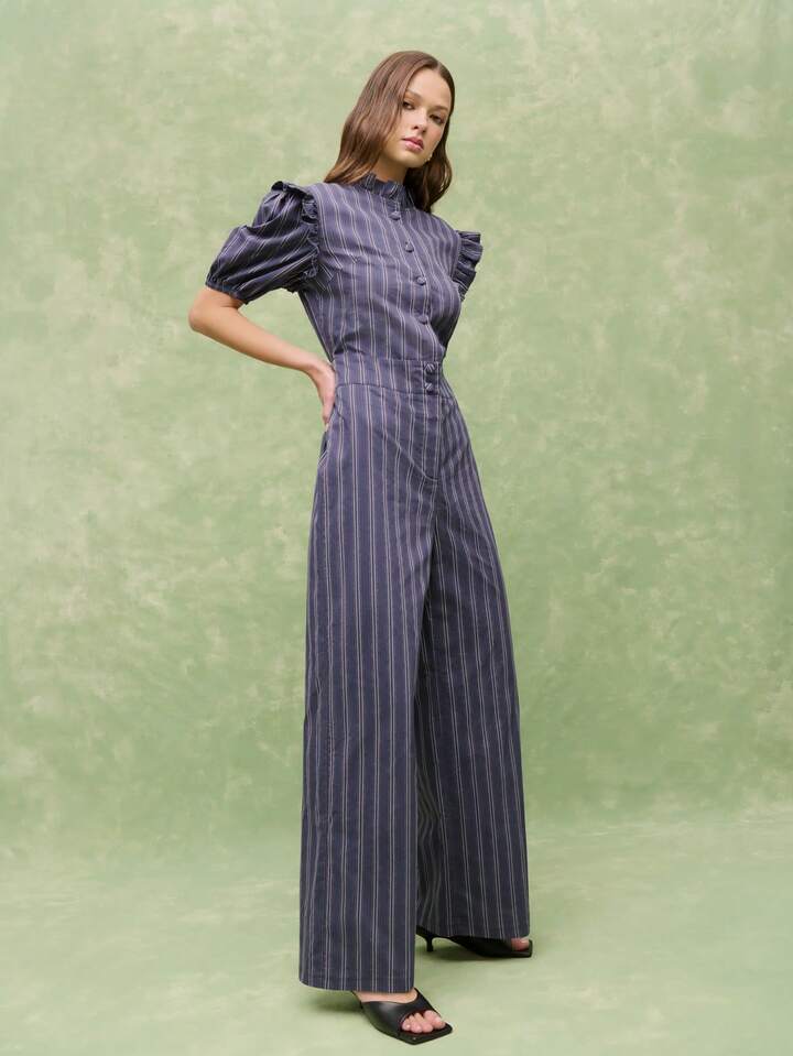 CM-JS316963 Women Casual Seoul Style Ruffled Collar Puff Sleeve Wide Leg Pinstripe Jumpsuit - Navy Blue