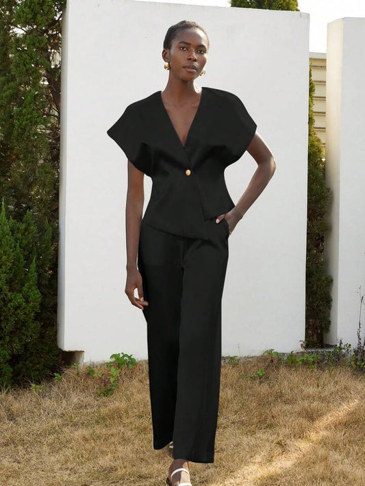 CM-SS335357 Women Elegant Seoul Style Silky Satin One-Button Short Sleeve Blouse With Straight Leg Pants - Set