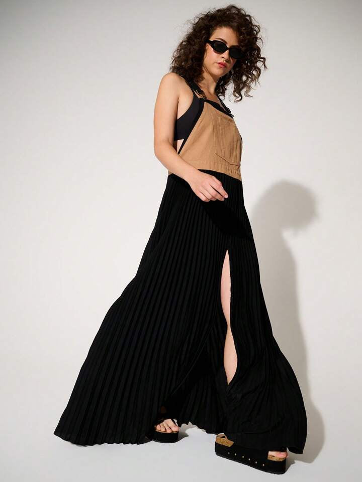 CM-DS535463 Women Trendy Bohemian Style High Slit Pleated Denim Summer Overall Maxi Dress