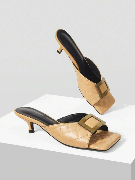CM-SHS064130 Women Trendy Seoul Style Colorblock Square Toe High Heel Sandals - Khaki