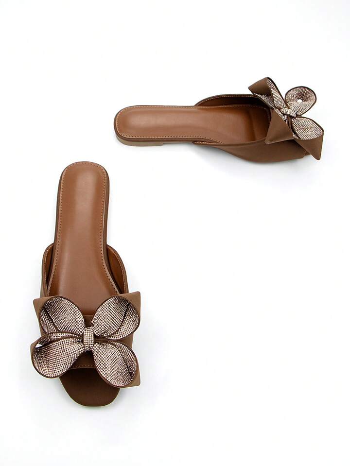 CM-SHS586508 Women Trendy Seoul Style 3D Rhinestone Floral Bow Decor Square Toe Mule Sandals - Brown