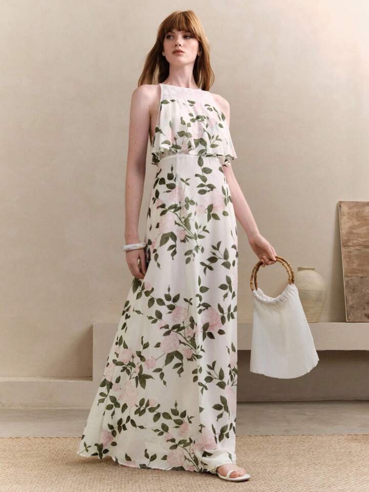 CM-DS131104 Women Elegant Seoul Style Floral Print Crew Neck Waist Cinching Lace Patchwork Ruffle Maxi Dress