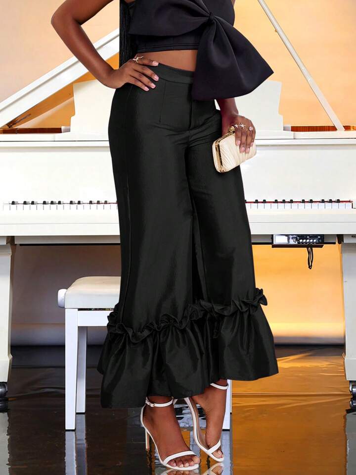 CM-BS244461 Women Elegant Seoul Style Bell Bottom Ruffle Trim Wide Leg Pants - Black