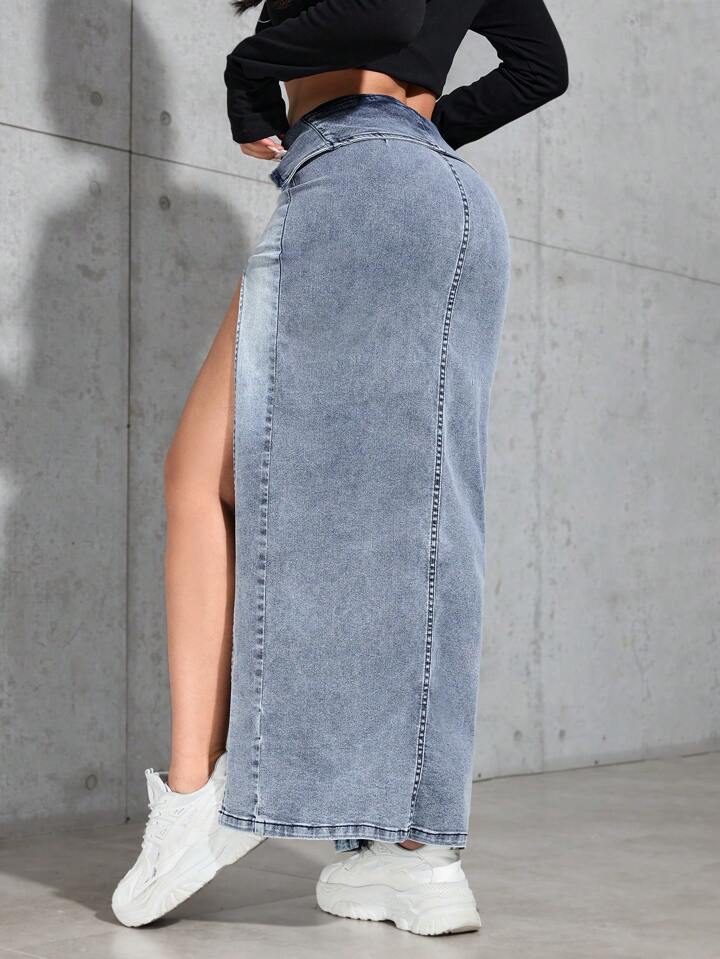 CM-BS714435 Women Casual Seoul Style Light Wash High Waist Slit Denim Midi Skirt