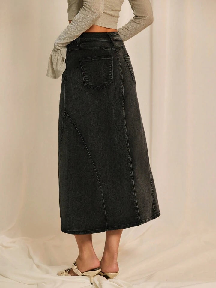 CM-BS350688 Women Casual Seoul Style Drop Waist A-Line Denim Skirt - Black