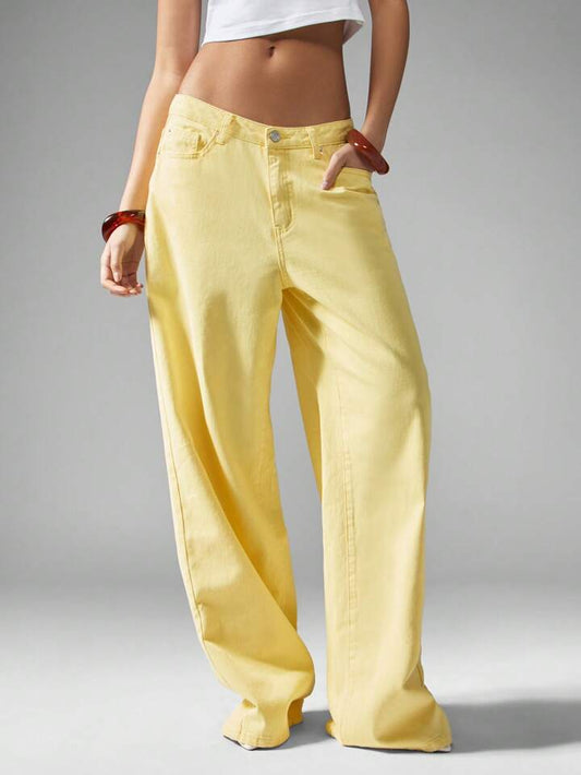 CM-BS804471 Women Casual Seoul Style Mid Waist Ultra Wide Leg Baggy Jeans - Yellow