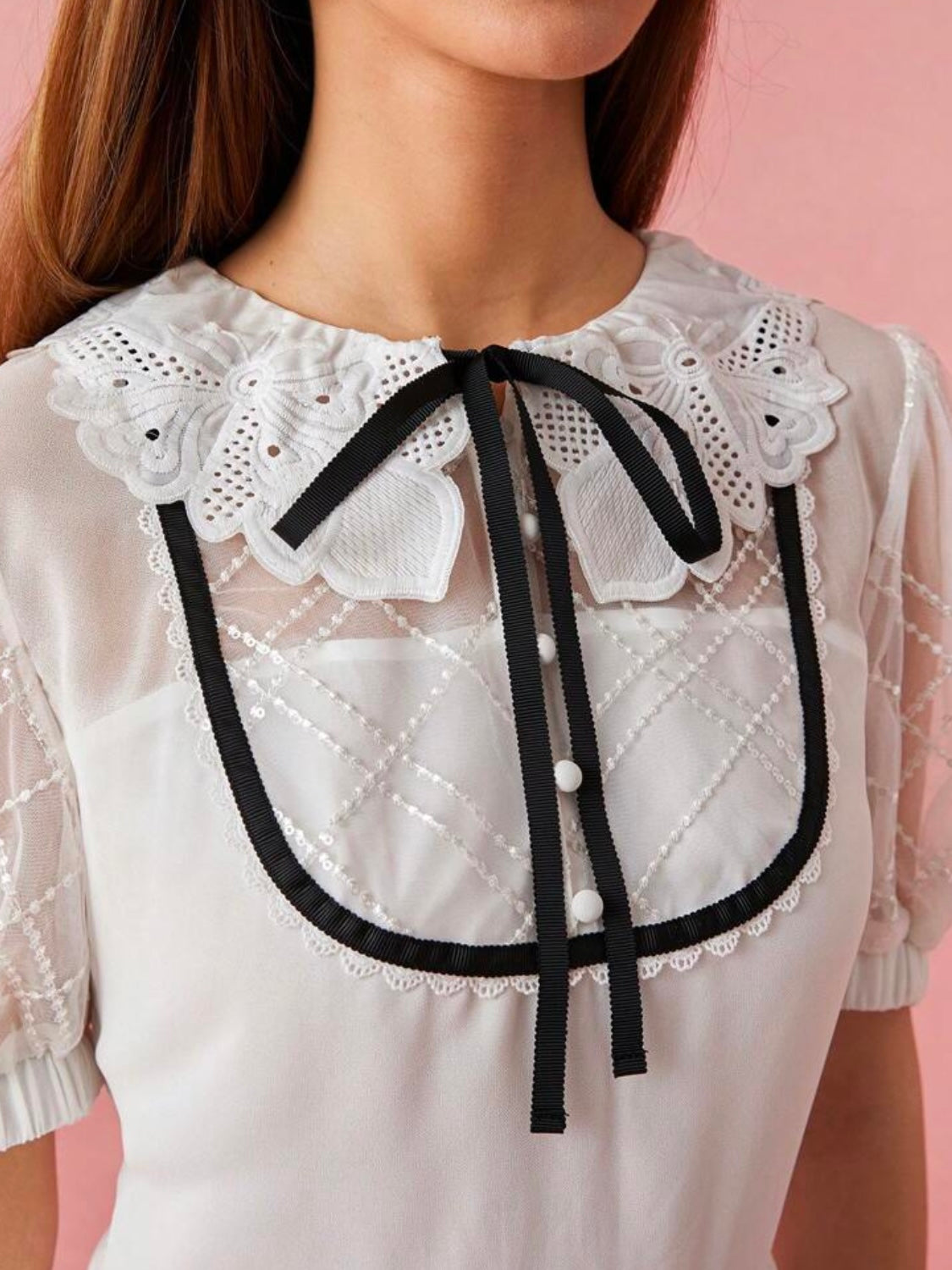 CM-DS192679 Women Elegant Seoul Style Tie Neck Bowknot Floral Lace Puff Sleeves Pleated Hem Long Dress - White