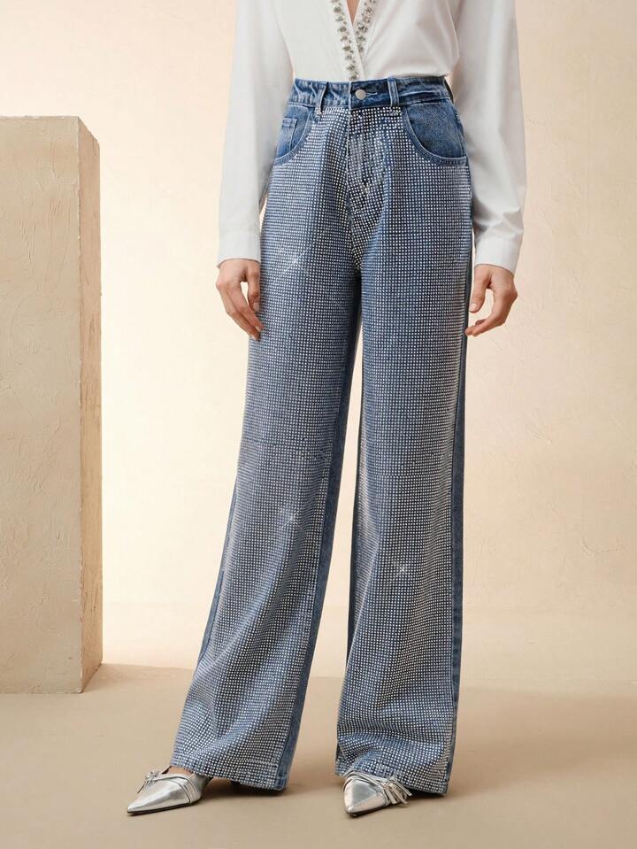 CM-BS434254 Women Elegant Seoul Style Mid Waist Rhinestone Embellished Straight-Leg Jeans - Blue