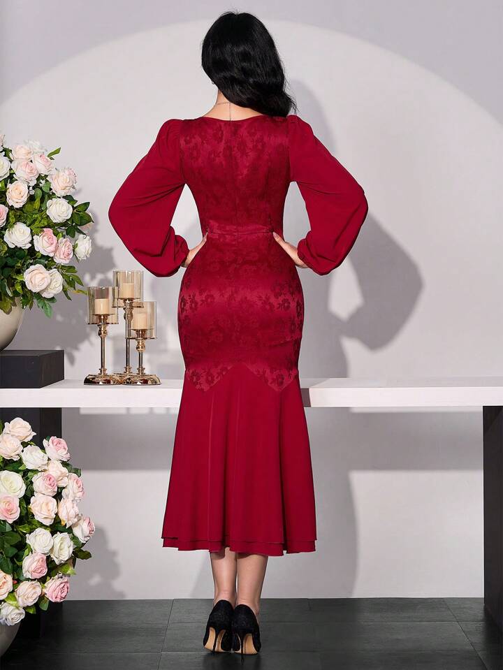 CM-DS997032 Women Elegant Seoul Style Sweetheart Neck Lantern Sleeve Mermaid Hem Lace Dress - Burgundy