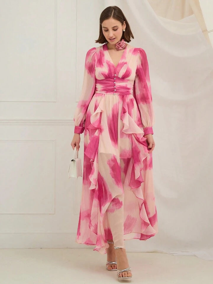 CM-DS202733 Women Elegant Seoul Style V-Neck Front Button Long Sleeve Printing Ruffle Hem Dress - Pink
