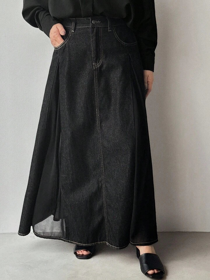CM-BS090791 Women Casual Seoul Style Solid Color Mid Waist Slit Sheer Denim Maxi Skirt - Black