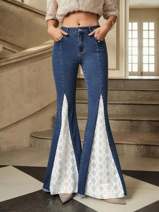 CM-BS016818 Women Casual Seoul Style Medium Wash Lace Patchwork Mid Waist Skinny Flare Leg Jeans