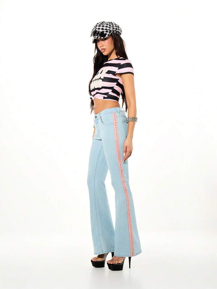 CM-BS578333 Women Casual Seoul Style Low Rise Side Stripe Detail Hook And Eye Closure Flare Leg Denim Jeans