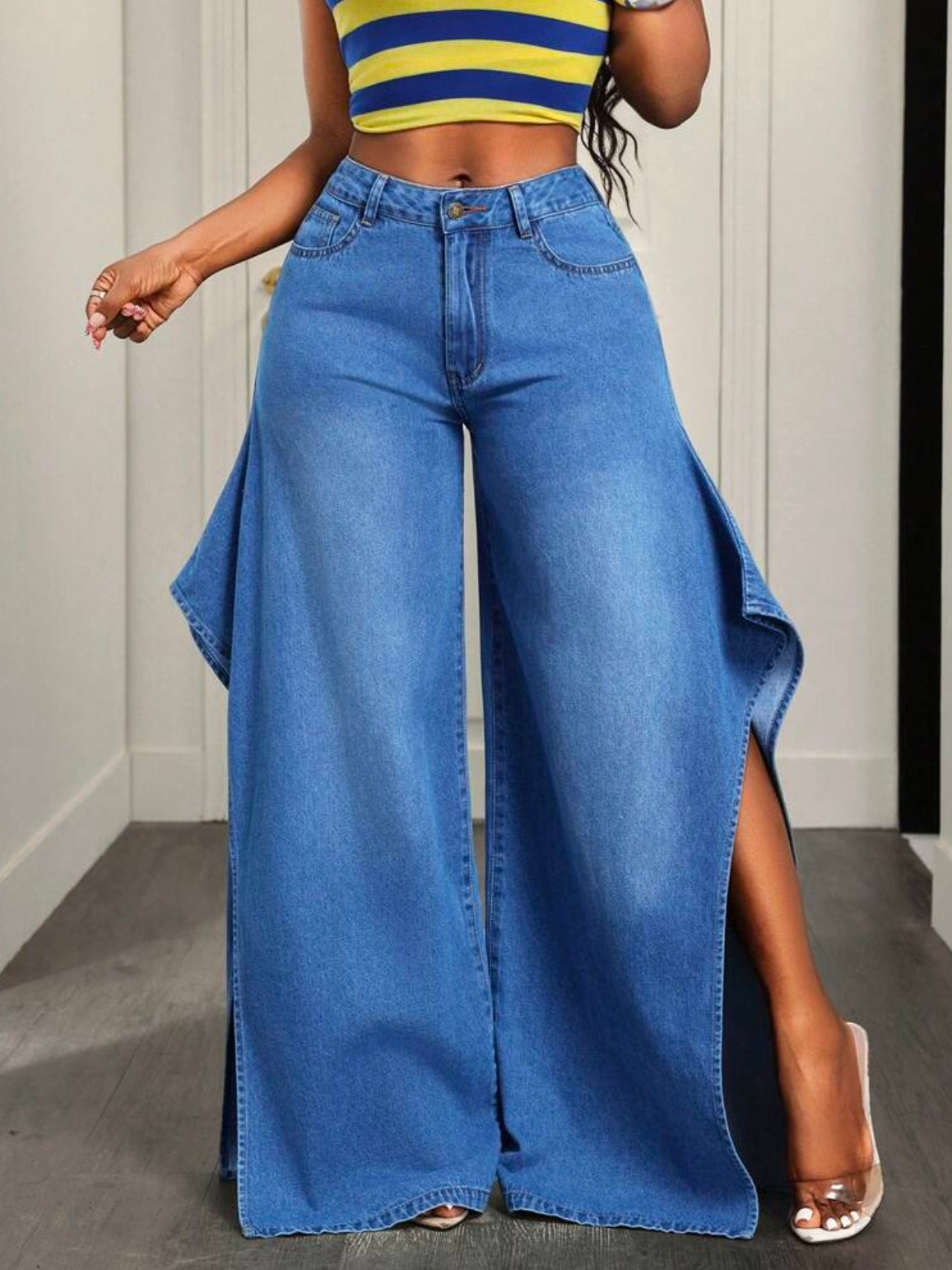 CM-BS843650 Women Casual Seoul Style Split Mid Waist Split Thigh Straight Leg Denim Jeans - Blue