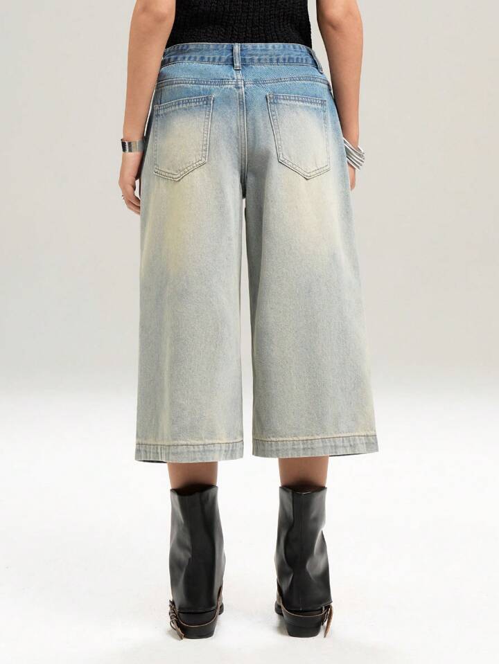 CM-BS655311 Women Casual Seoul Style Pocketed Wide Leg Loose 7/8 Length Denim Jeans