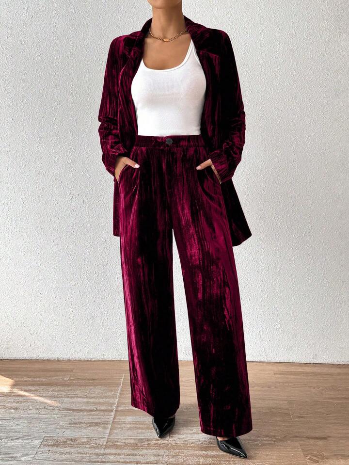 CM-SS022111 Women Elegant Seoul Style Stand Collar Long Sleeve Velvet Jacket With Straight Leg Pants Suit - Burgundy