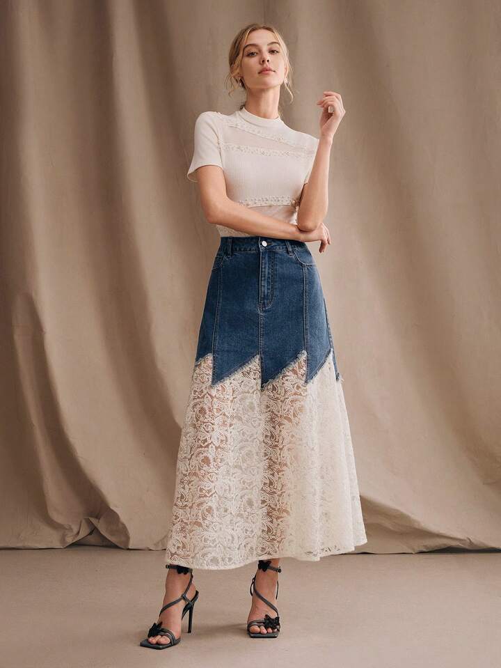 CM-BS740722 Women Casual Seoul Style Mid Waist Glitter Lace Mermaid Maxi Denim Skirt - Blue