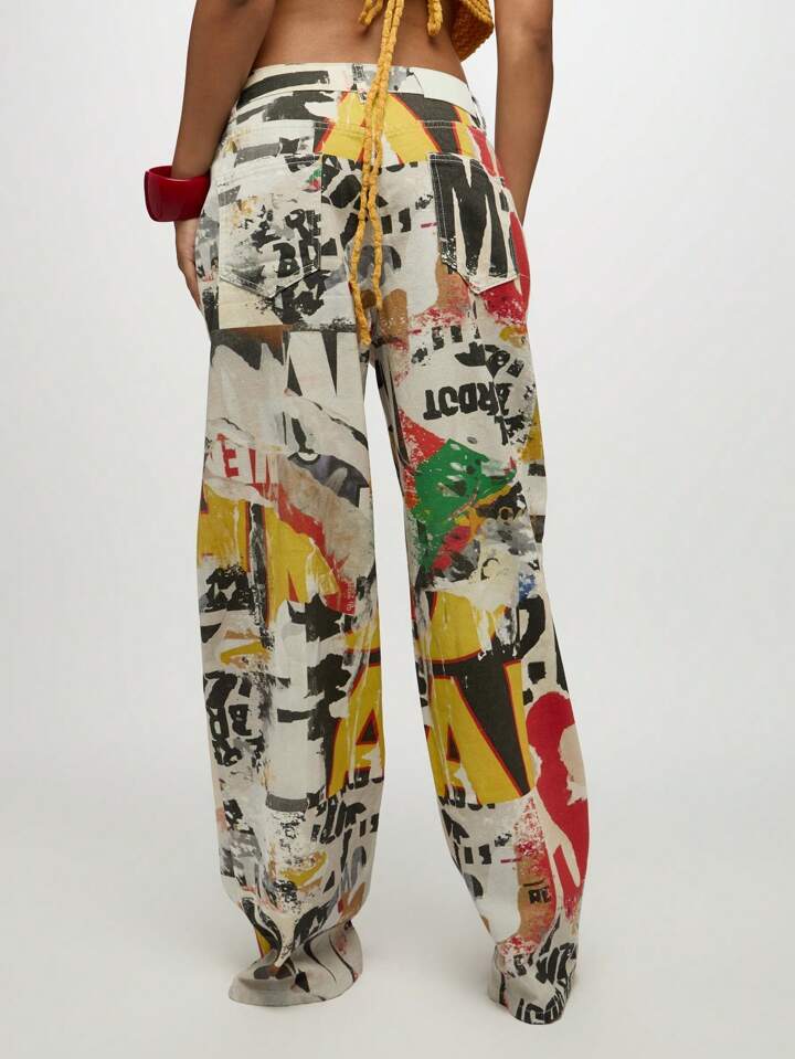 CM-BS263522 Women Casual Seoul Style Mid Waist Distressed Graffiti Print Wide Leg Baggy Jeans