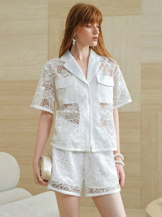 CM-SS942973 Women Trendy Bohemian Style Lace Lapel Neckline Short Sleeve Shirt With Shorts - Set