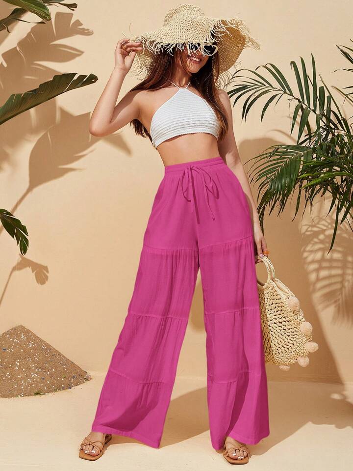 CM-BS338884 Women Trendy Bohemian Style High Waisted Knotted Wide Leg Pants - Hot Pink