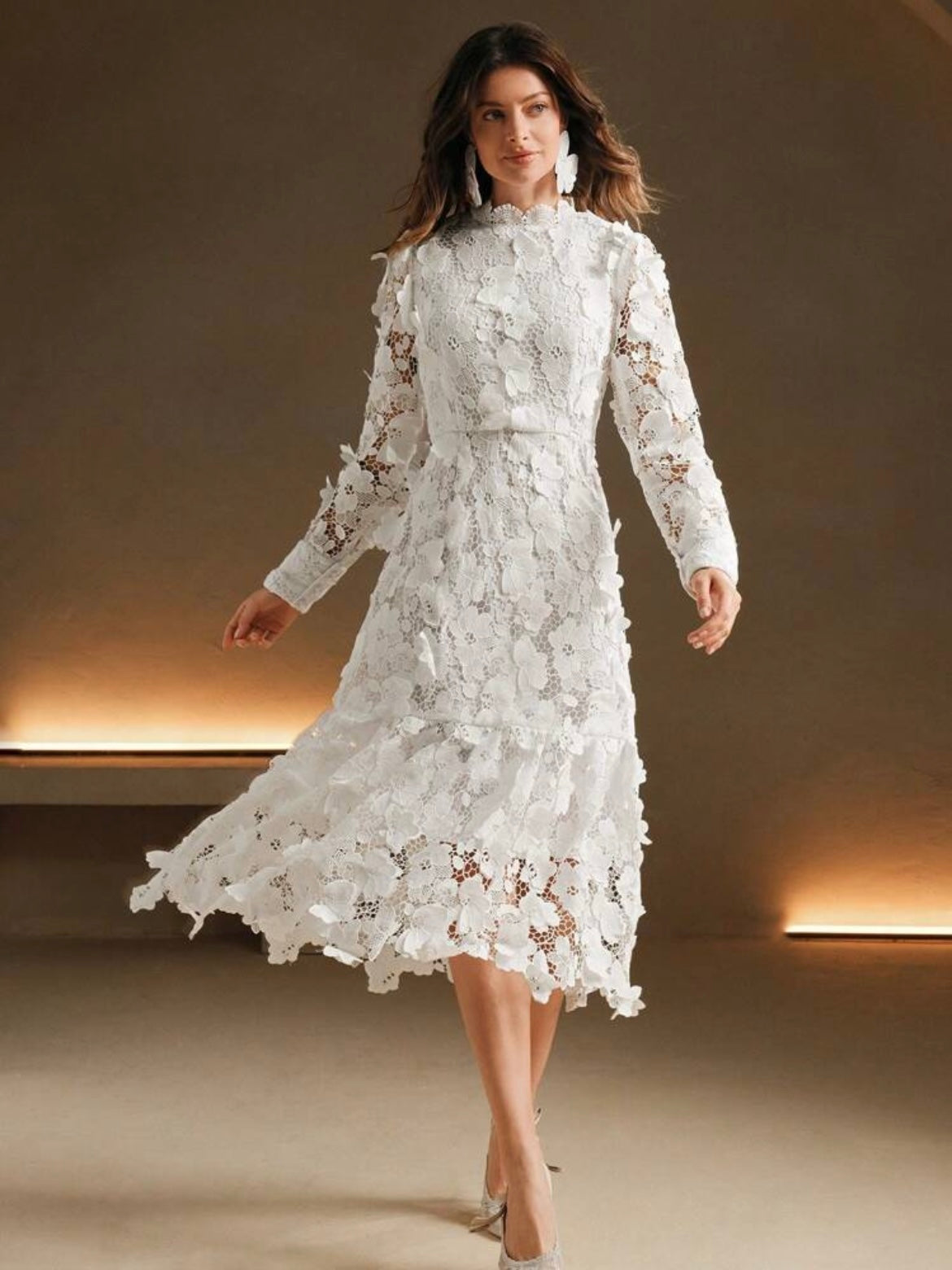 CM-DS243323 Women Elegant Seoul Style High Neck Long Sleeve Lace A-Line Formal Dress - White