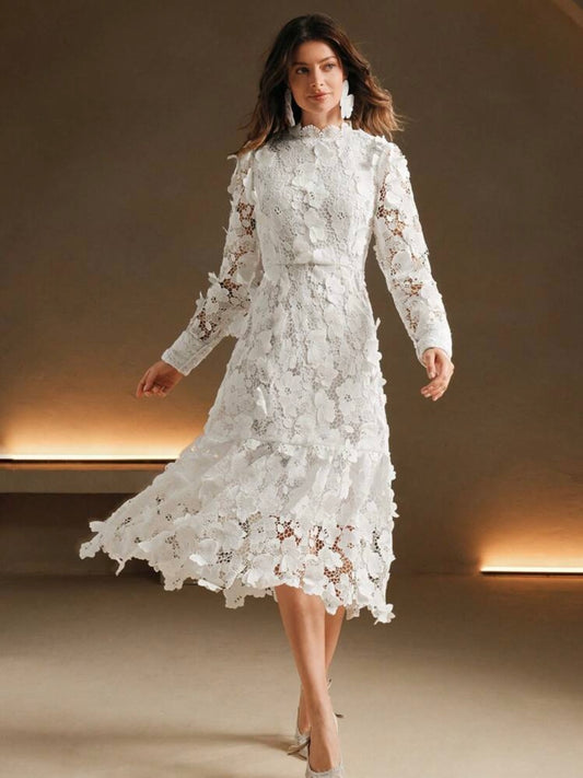 CM-DS243323 Women Elegant Seoul Style High Neck Long Sleeve Lace A-Line Formal Dress - White