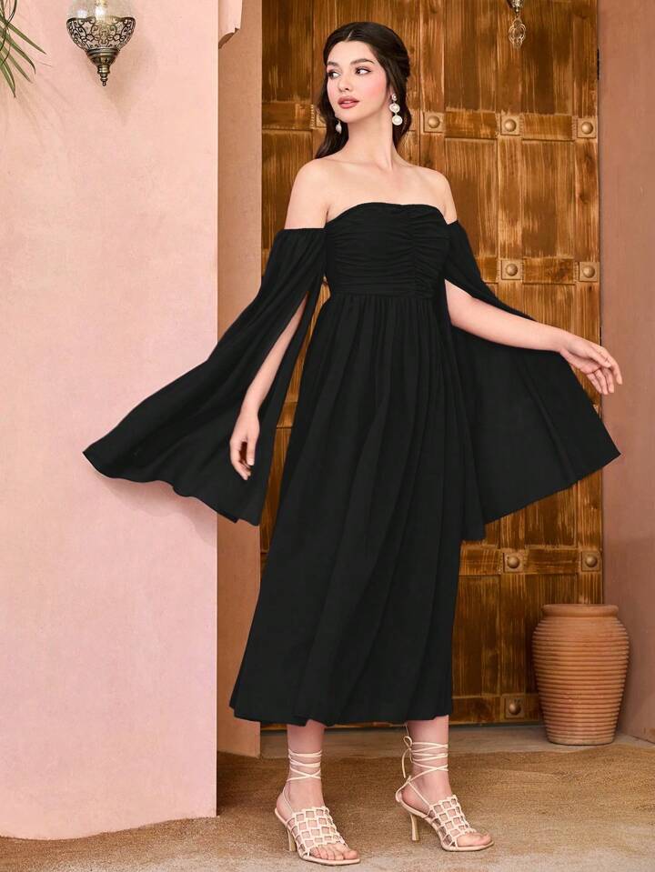 CM-DS339295 Women Elegant Seoul Style Pleated One Shoulder Slit Sleeve Maxi Dress - Black