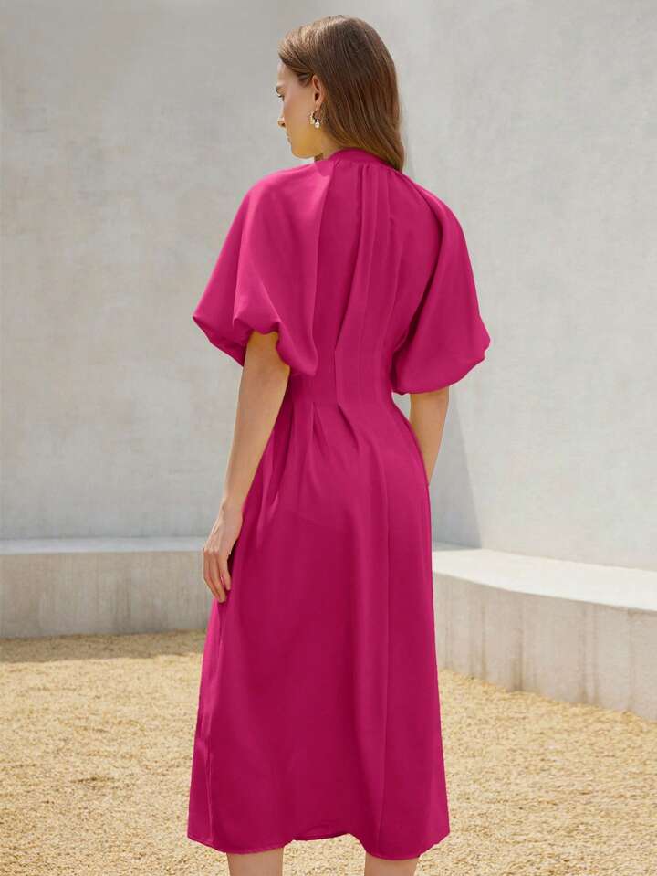 CM-DS242766 Women Elegant Seoul Style Solid Color Chiffon Cinched Waist Puff Sleeve Open Front Long Dress - Purple