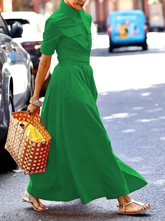 CM-DT291458 Women Elegant Seoul Style Stand Collar Long Sleeve Tie Waist Shirt Dress - Green