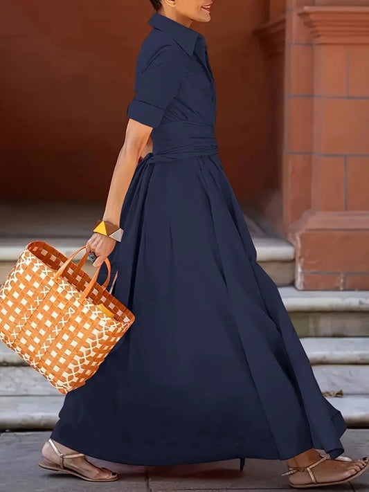 CM-DT291458 Women Elegant Seoul Style Stand Collar Long Sleeve Tie Waist Shirt Dress - Royal Blue