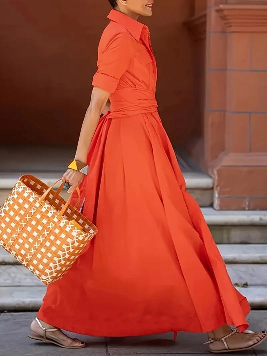 CM-DT291458 Women Elegant Seoul Style Stand Collar Long Sleeve Tie Waist Shirt Dress - Orange