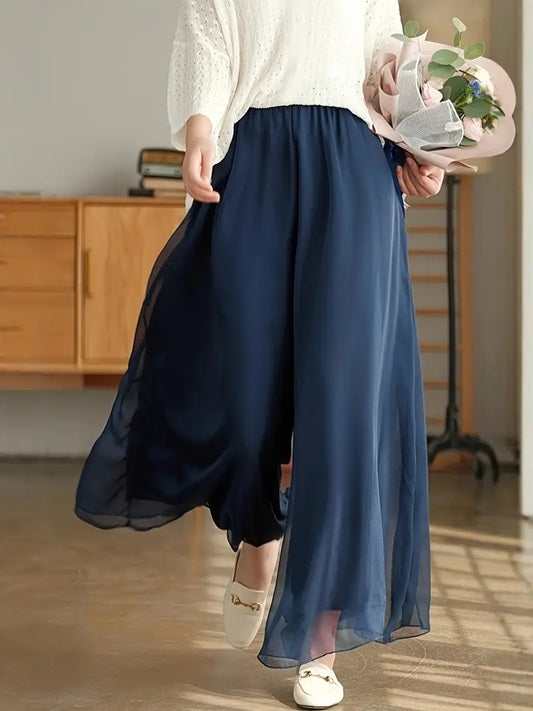 CM-BT851366 Women Elegant Seoul Style Chiffon High Waist Loose Wide-Leg Pants - Dark Blue