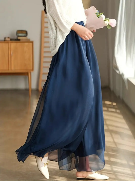 CM-BT851366 Women Elegant Seoul Style Chiffon High Waist Loose Wide-Leg Pants - Dark Blue