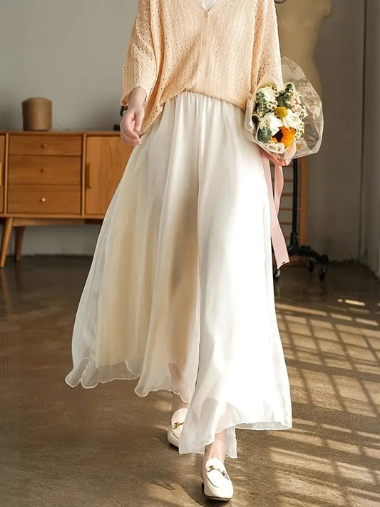 CM-BT851366 Women Elegant Seoul Style Chiffon High Waist Loose Wide-Leg Pants - White