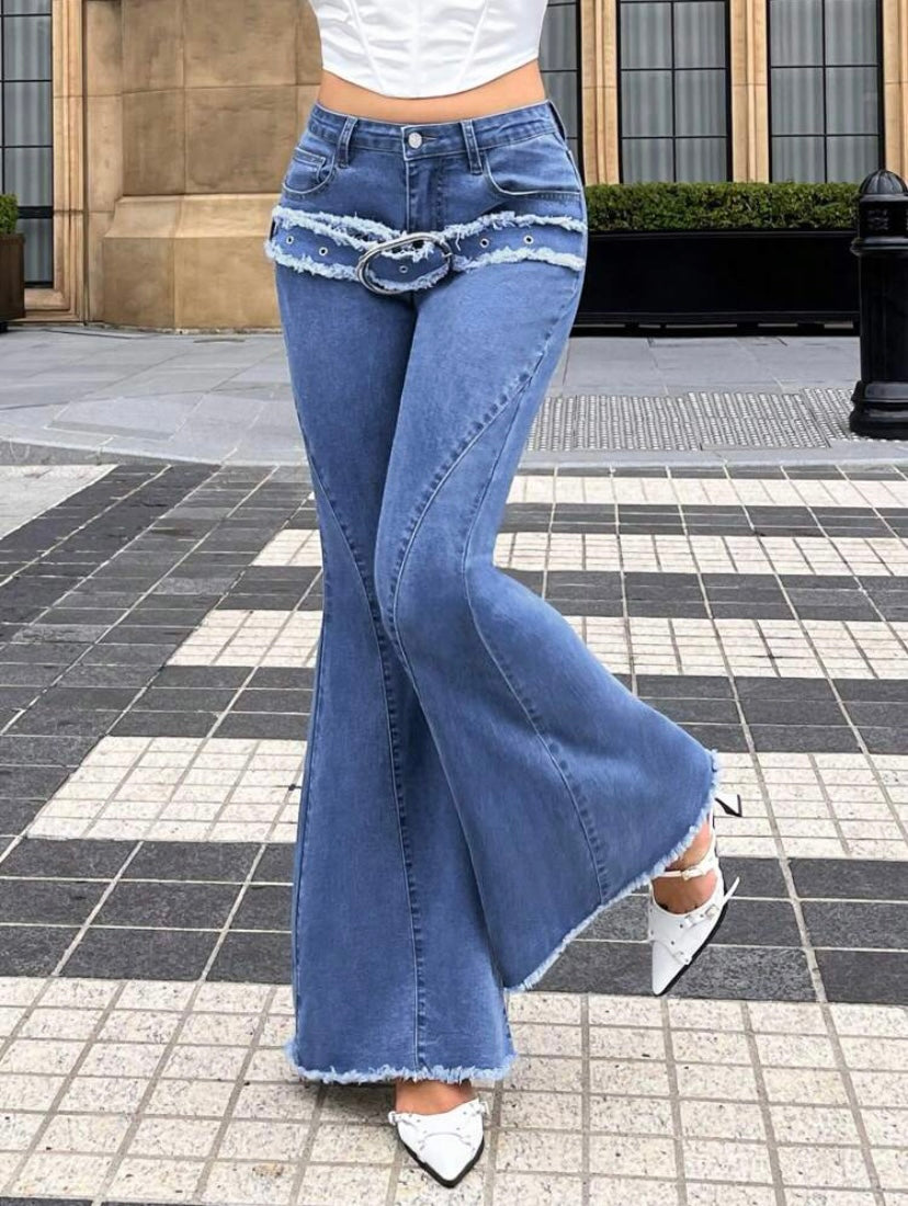 CM-BS881395 Women Casual Seoul Style Light Wash Raw Trim Buckle Front Flare Leg Jeans