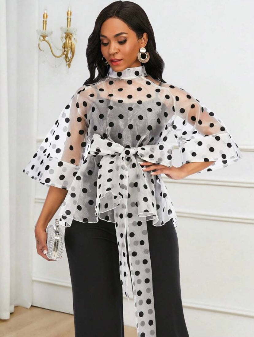 CM-TS086051 Women Elegant Seoul Style Polka Dot Belted Organza Top - White