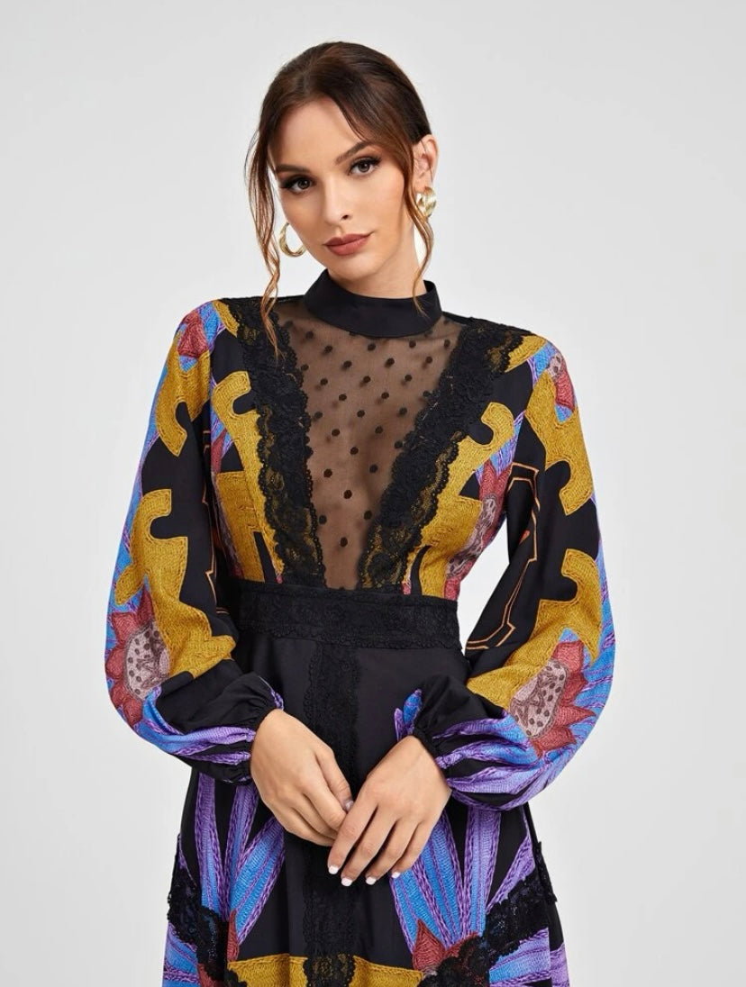 CM-DS525562 Women Elegant Seoul Style Floral Print Mock Neck Belted Dress