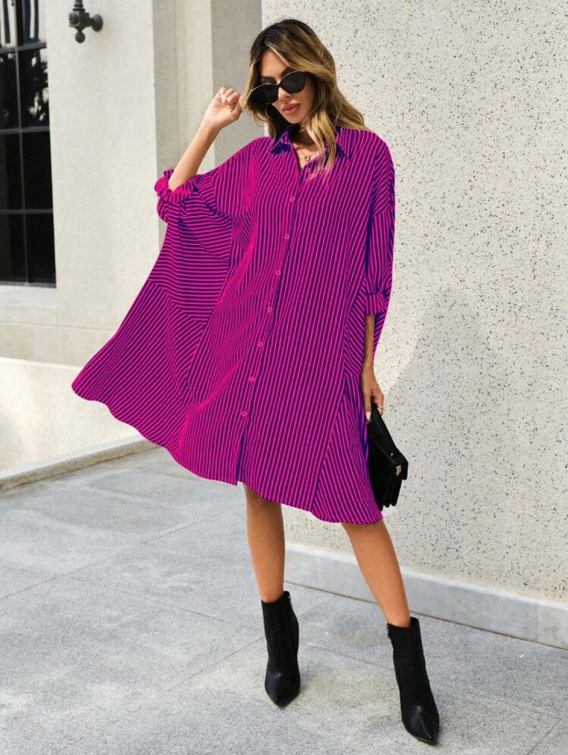 CM-DS134256 Women Casual Seoul Style Striped Print Roll Up Sleeve Button Front Shirt Dress