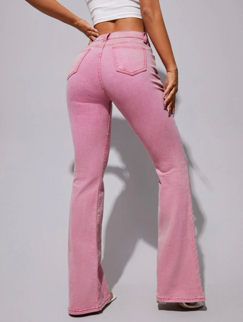 CM-BS535930 Women Casual Seoul Style Drop Waist Washed Flare Leg Jeans - Pink